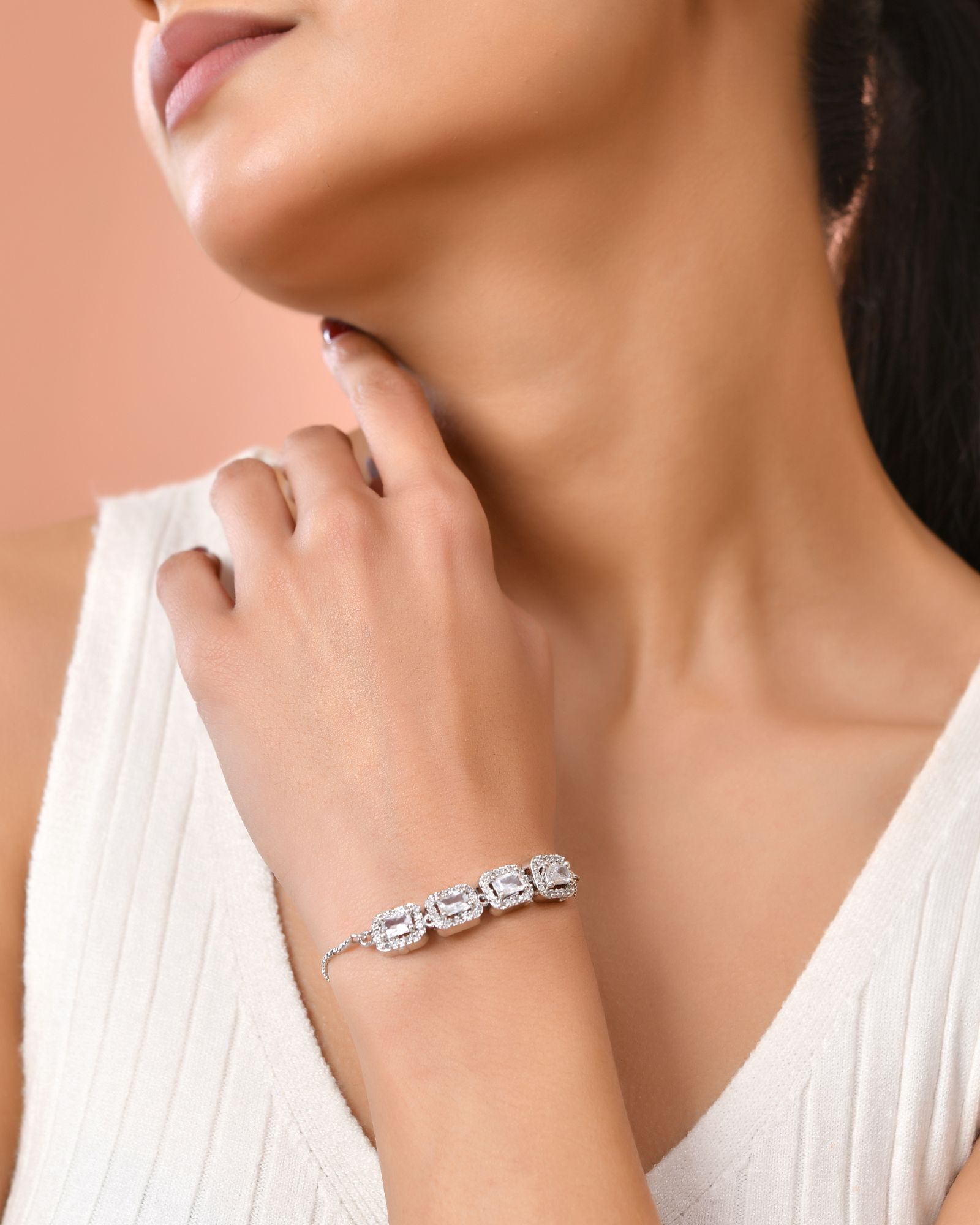Jewels Nest Classic White Square Stone Diamond-Style Adjustable Bracelet | Grocsy