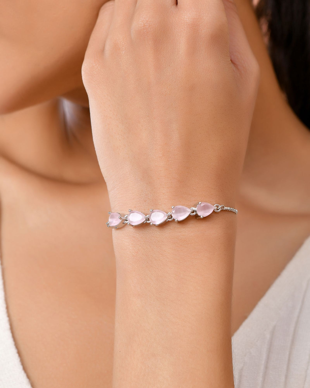 Jewels Nest Pink Heart Stone Adjustable Bracelet For Women | Grocsy