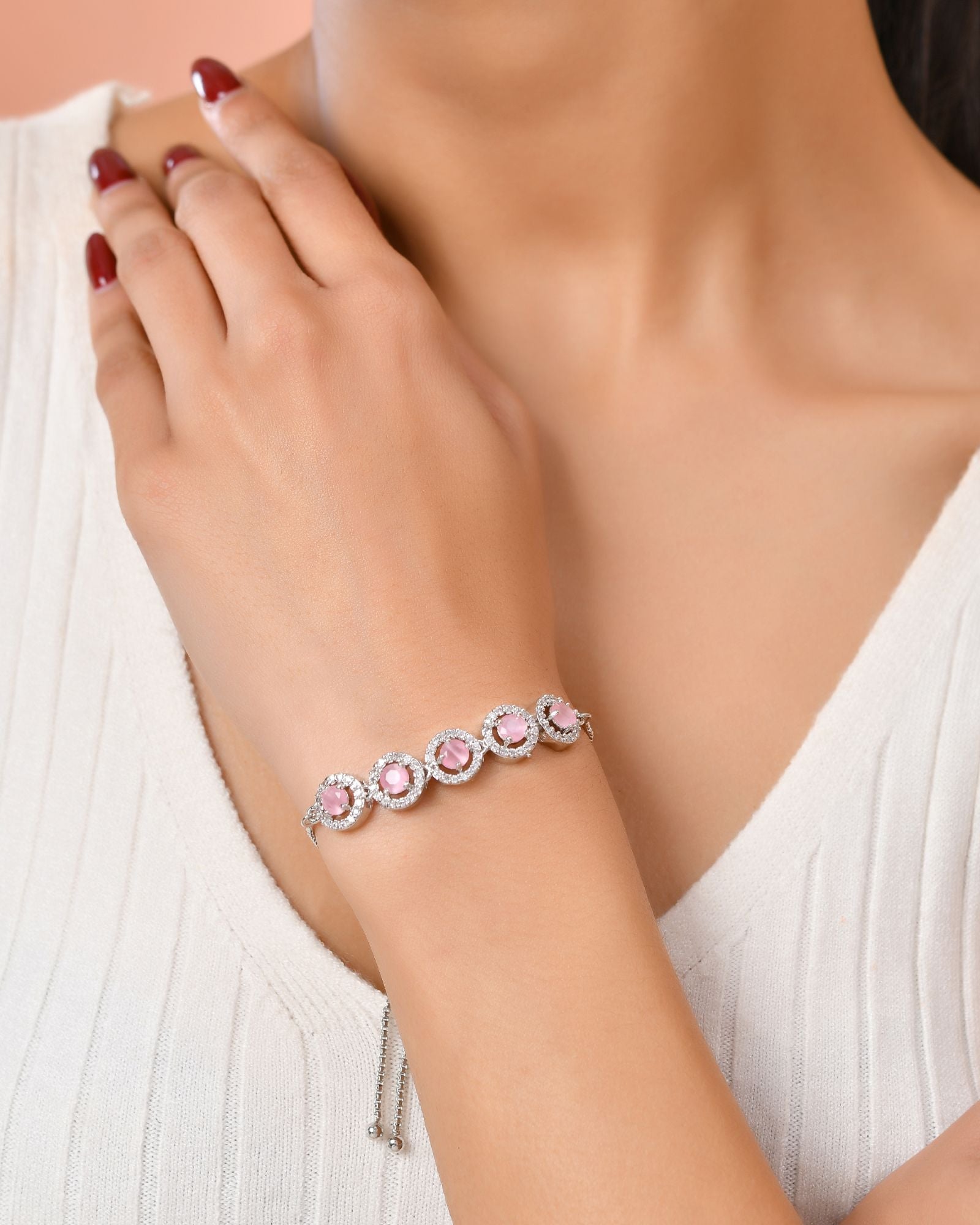 Jewels Nest Silver Plated Pink Stone Adjustable Bracelet | Grocsy