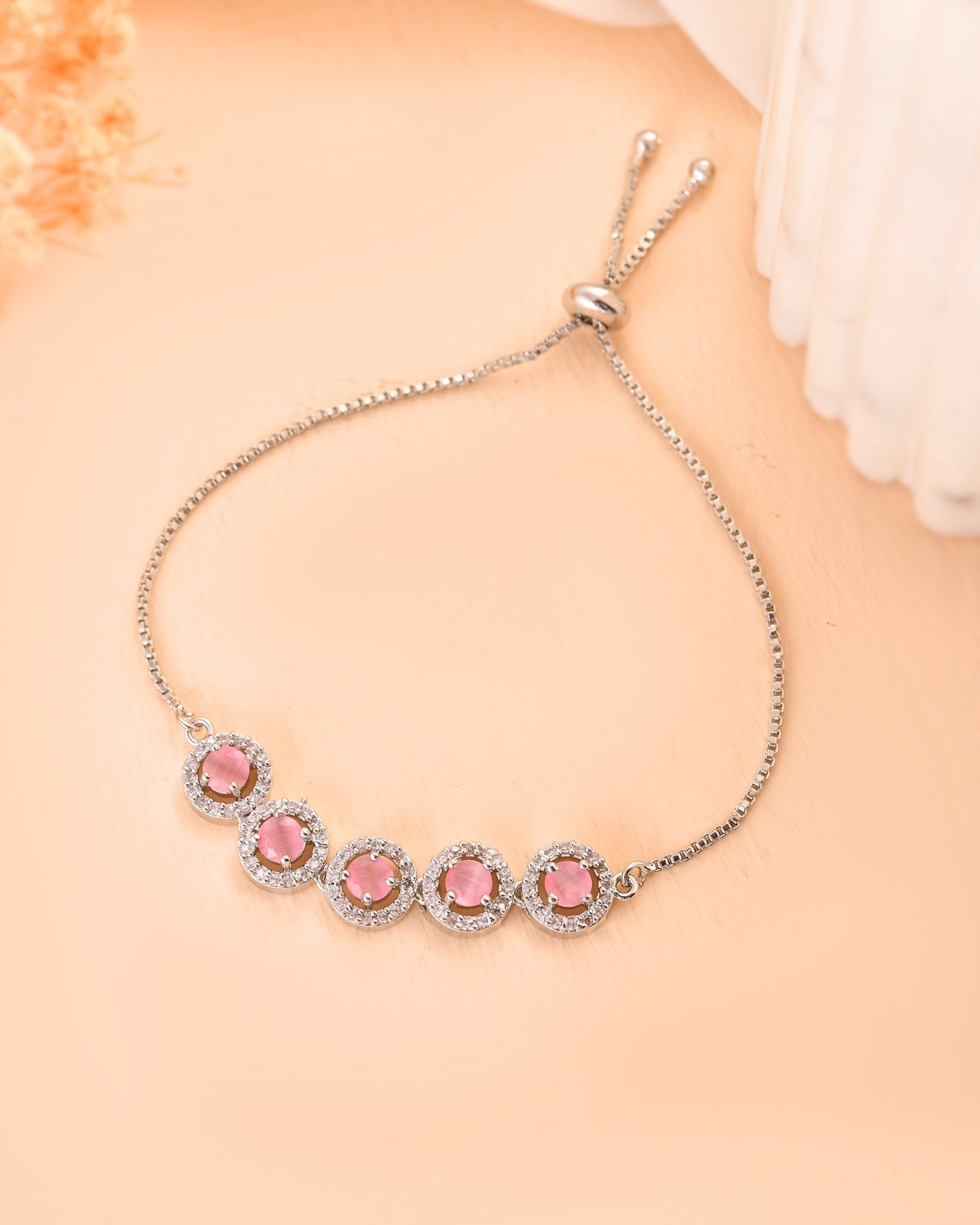 Jewels Nest Silver Plated Pink Stone Adjustable Bracelet | Grocsy
