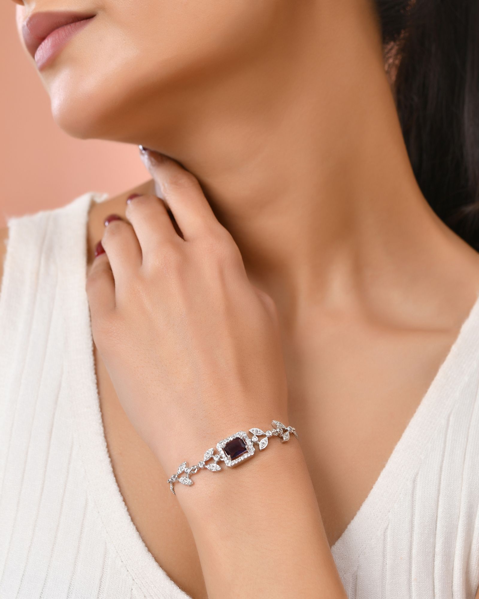 Jewels Nest Silver Plated Emerald Purple Stone Floral Bracelet | Grocsy