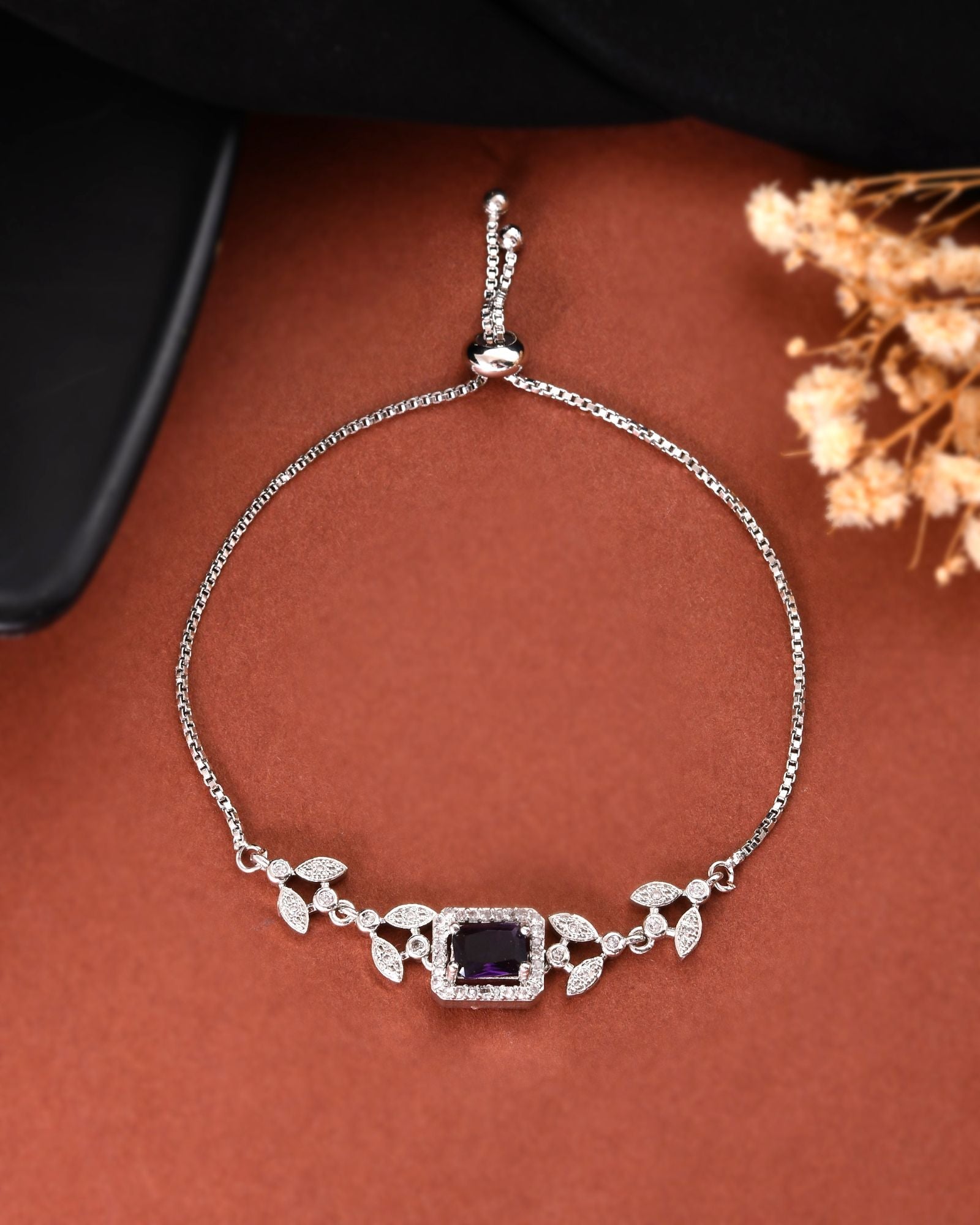 Jewels Nest Silver Plated Emerald Purple Stone Floral Bracelet | Grocsy