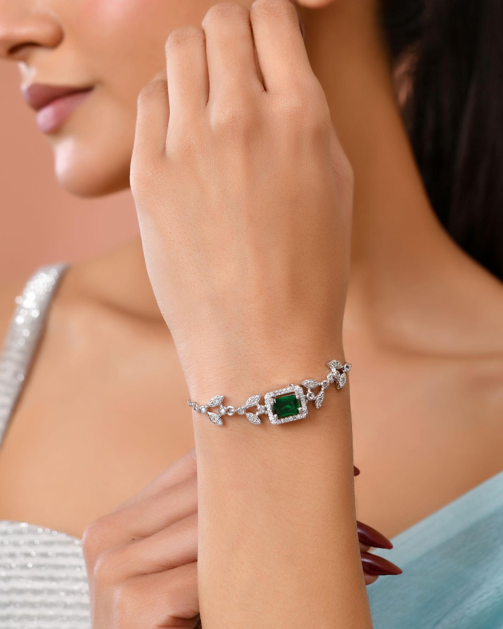Jewels Nest Silver Plated Green Stone Adjustable Statement Bracelet | Grocsy