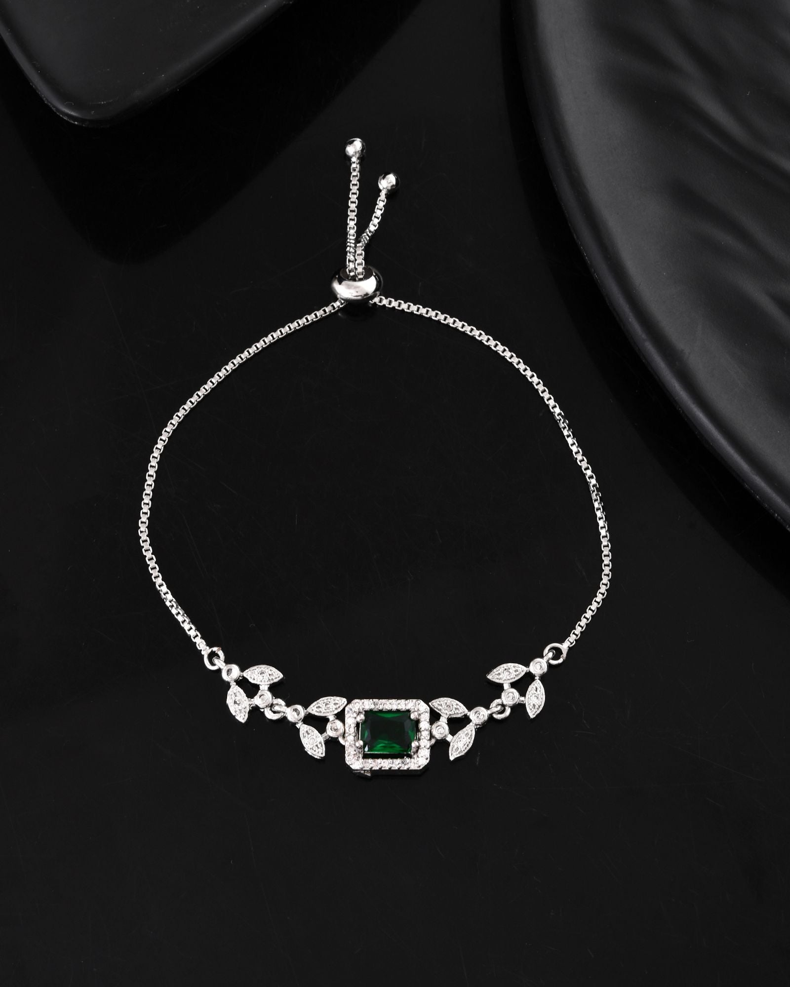 Jewels Nest Silver Plated Green Stone Adjustable Statement Bracelet | Grocsy