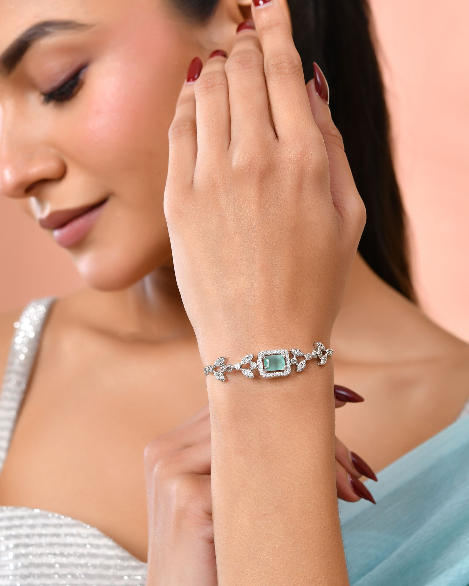 Jewels Nest Silver Plated Green Stone Adjustable Bracelet With Leaf Cz Design | Grocsy