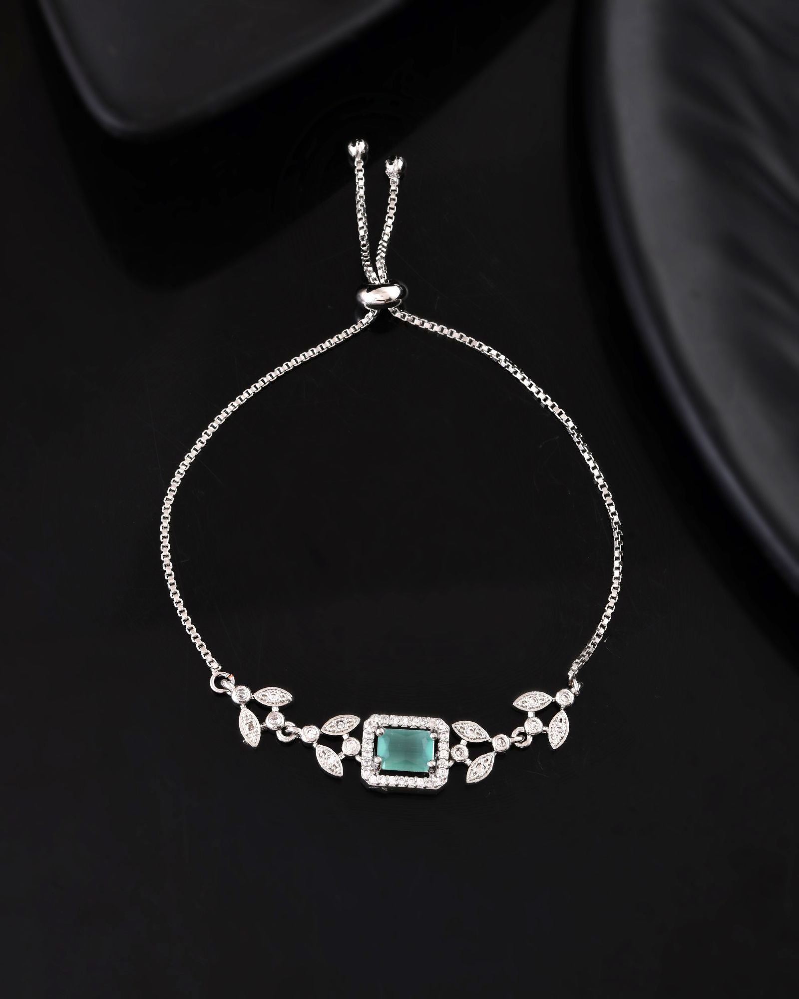 Jewels Nest Silver Plated Green Stone Adjustable Bracelet With Leaf Cz Design | Grocsy