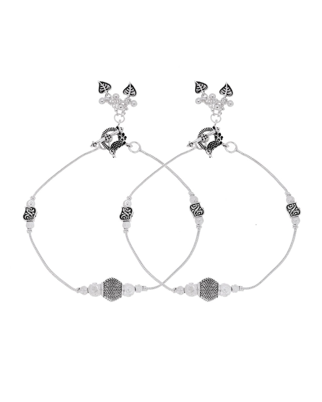 Jewels Nest Oxidised Silver Beaded Adjustable Anklet With Leaf Charm | Grocsy