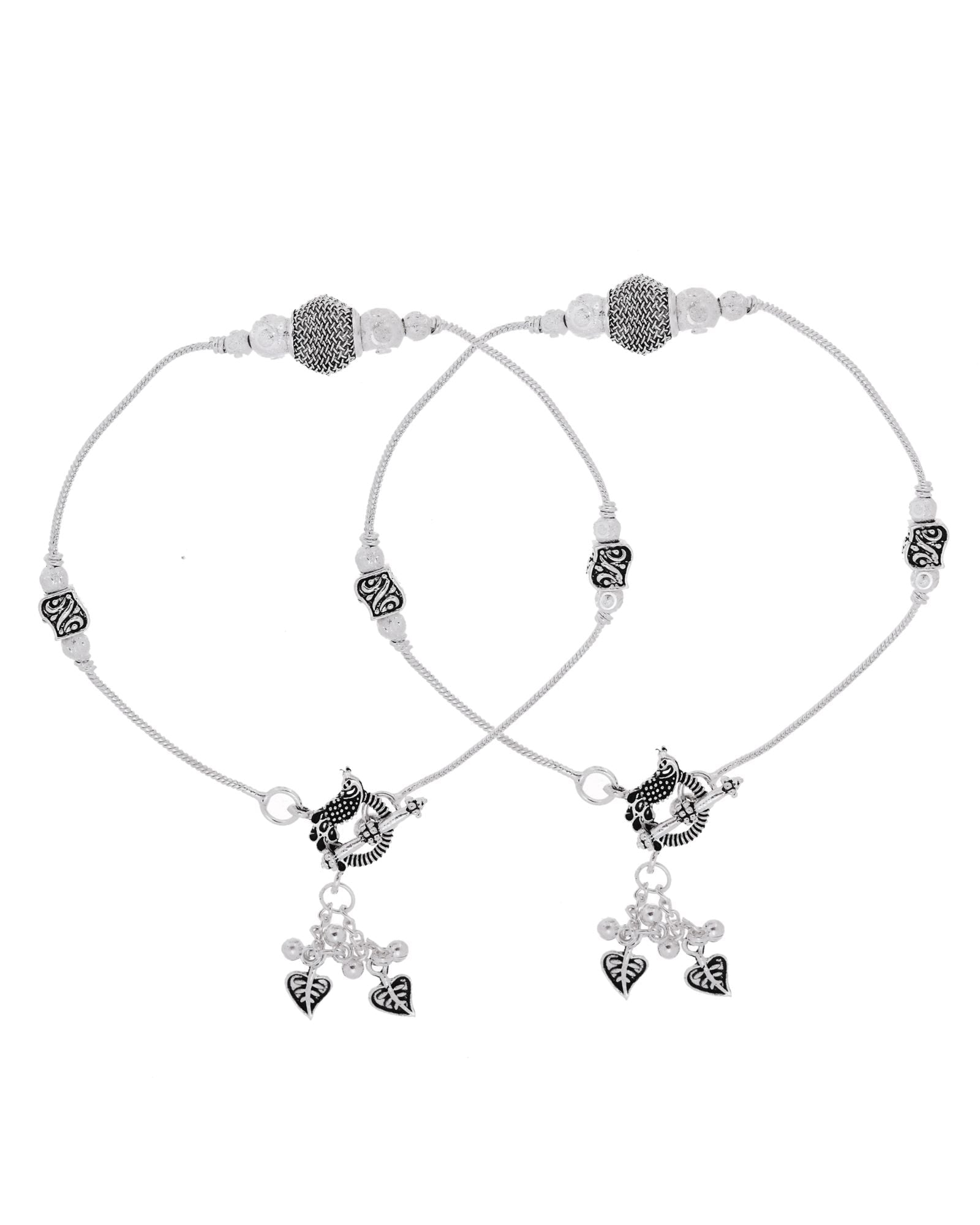 Jewels Nest Oxidised Silver Beaded Adjustable Anklet With Leaf Charm | Grocsy