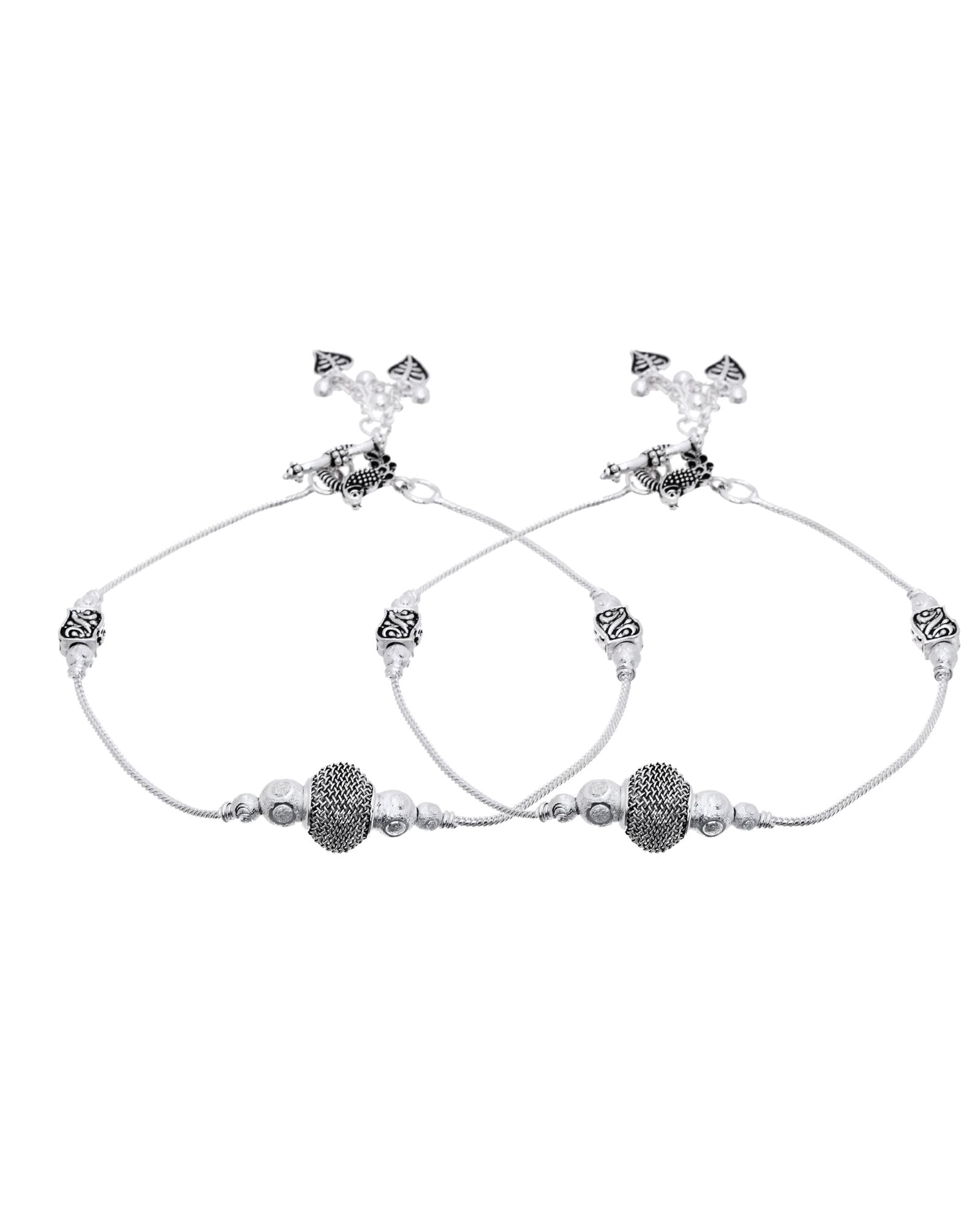 Jewels Nest Oxidised Silver Beaded Adjustable Anklet With Leaf Charm | Grocsy