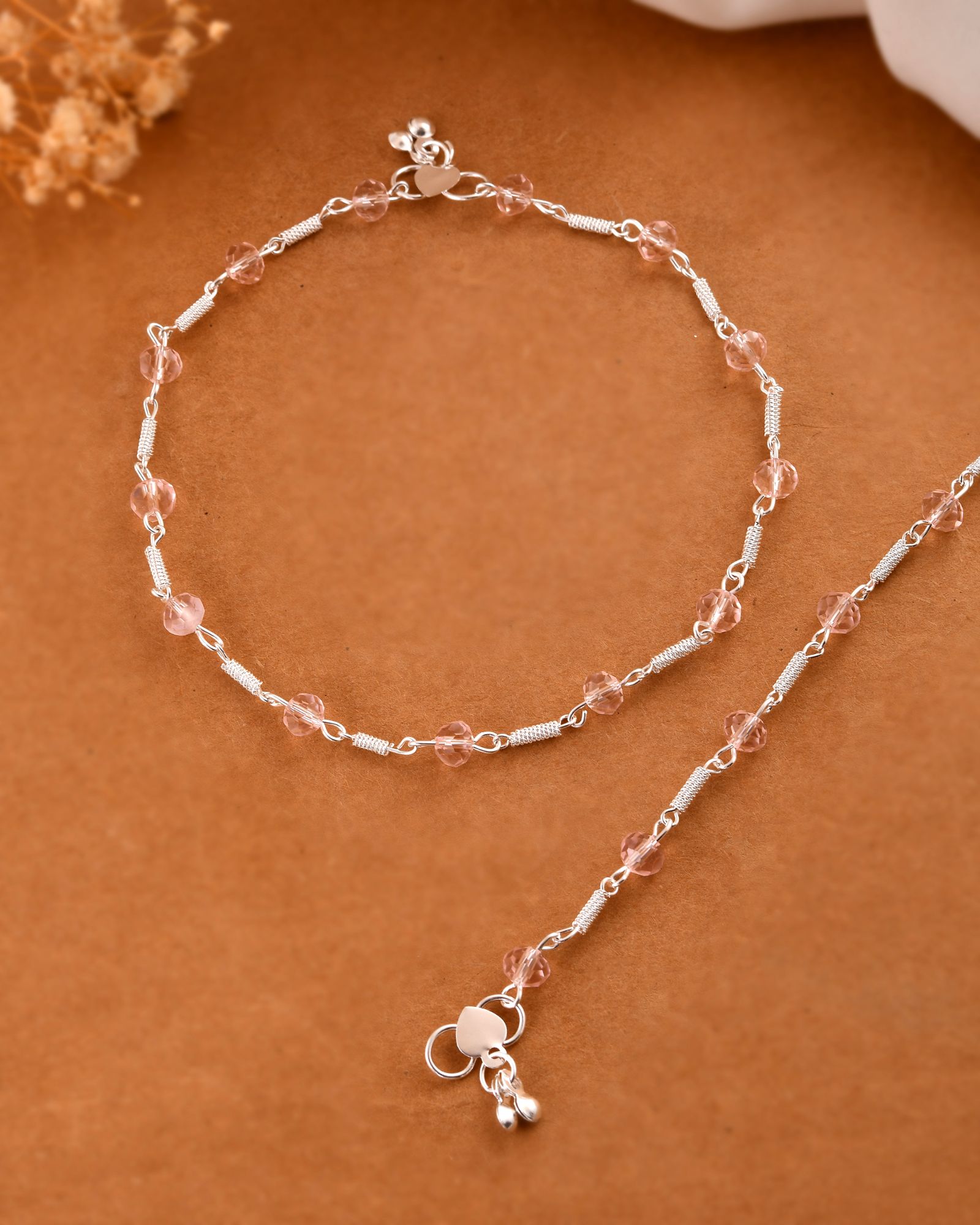 Jewels Nest Silver Plated Pink Crystal Beads Adjustable Anklet For Women | Grocsy