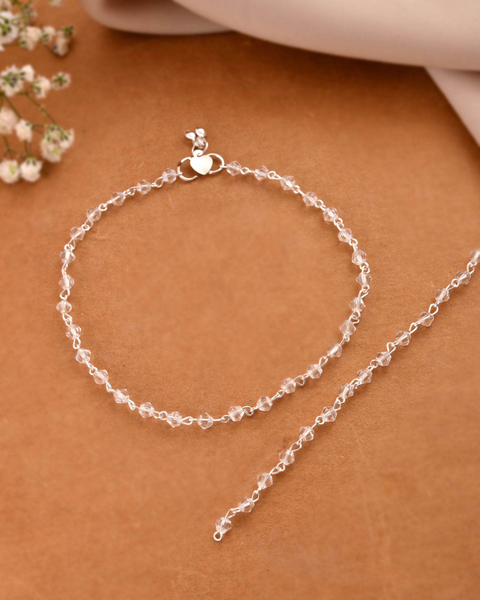 Jewels Nest Silver Plated Transparent Crystal Beads Adjustable Anklet For Women | Grocsy