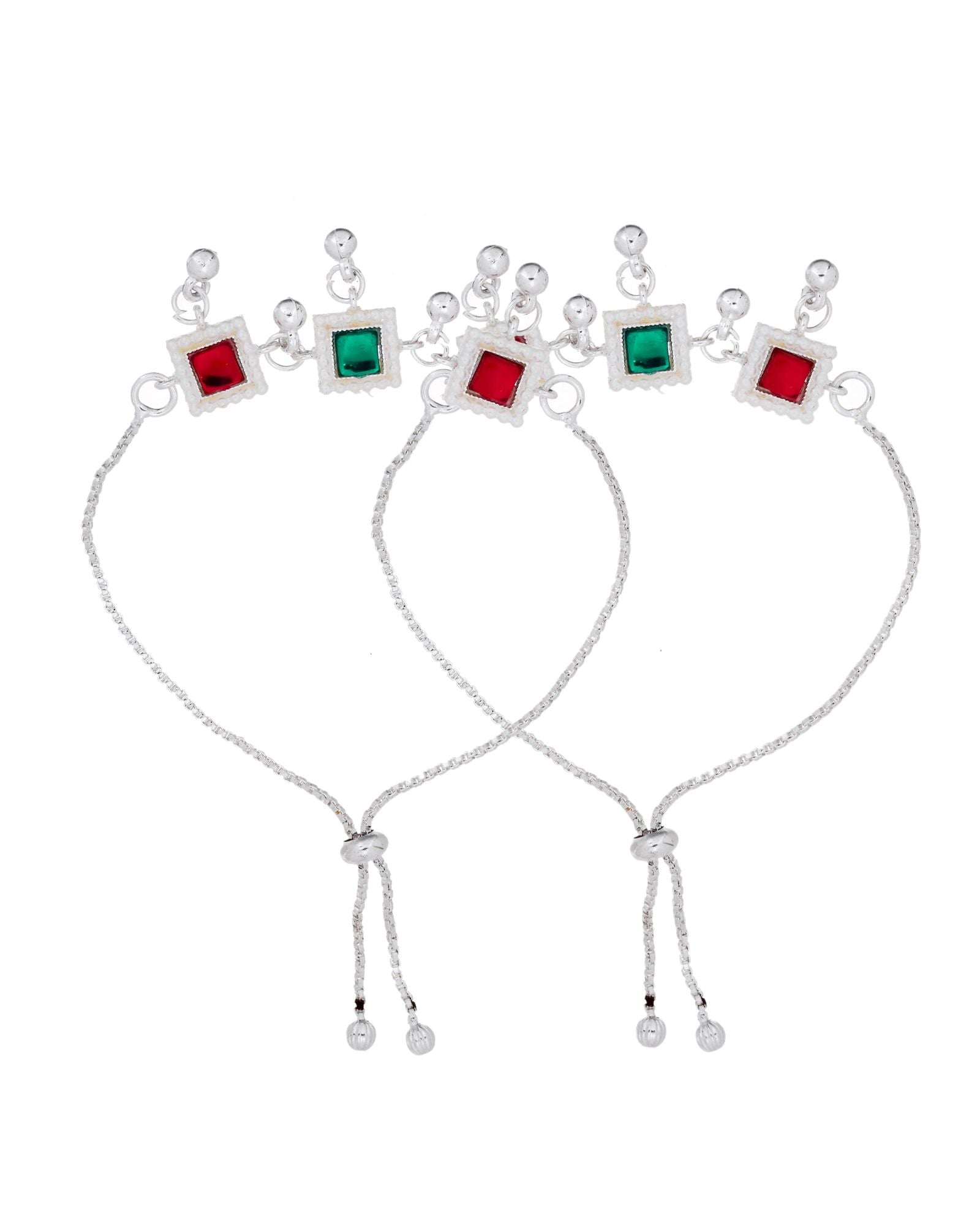 Jewels Nest Silver Plated Square Stone Adjustable Anklet With Ghungroo Charms For Women | Grocsy
