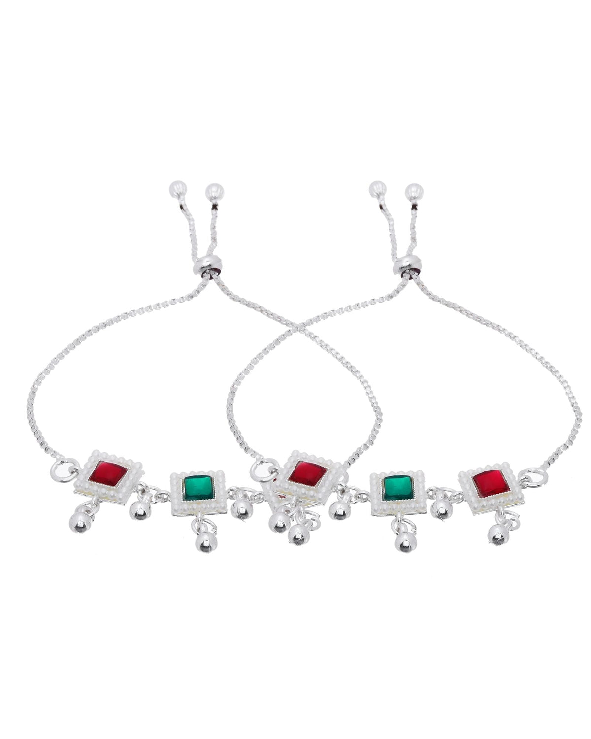 Jewels Nest Silver Plated Square Stone Adjustable Anklet With Ghungroo Charms For Women | Grocsy