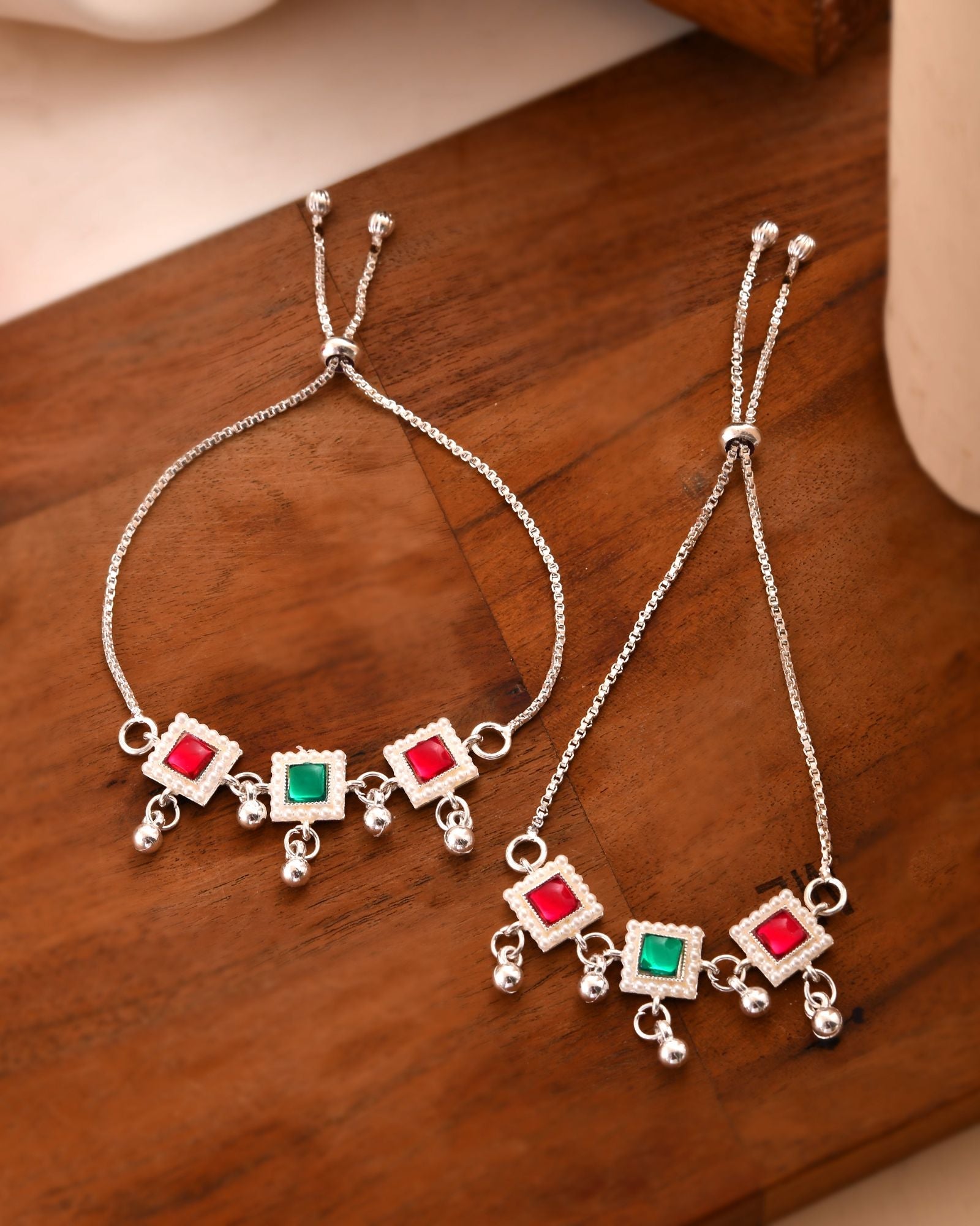 Jewels Nest Silver Plated Square Stone Adjustable Anklet With Ghungroo Charms For Women | Grocsy