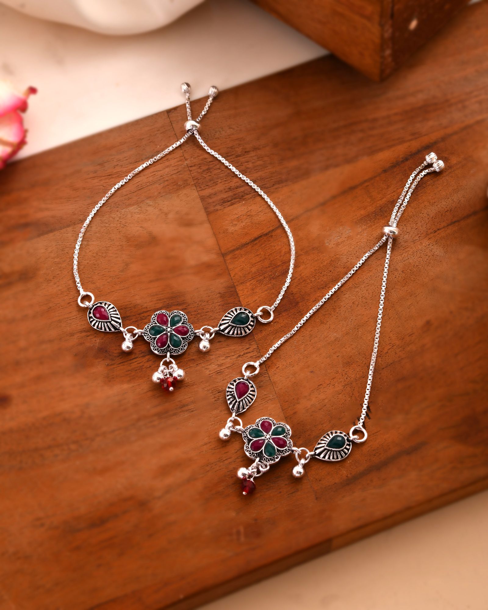 Jewels Nest Silver Plated Floral Stone Adjustable Anklet With Ghungroo Charms For Women | Grocsy