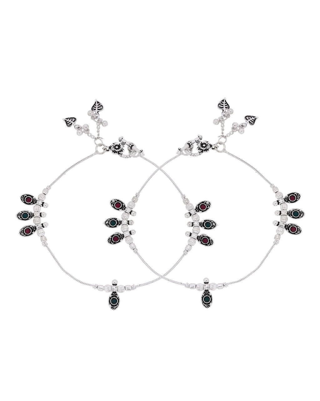 Jewels Nest Silver Plated Oval Stone Adjustable Anklet With Leaf Charms For Women | Grocsy