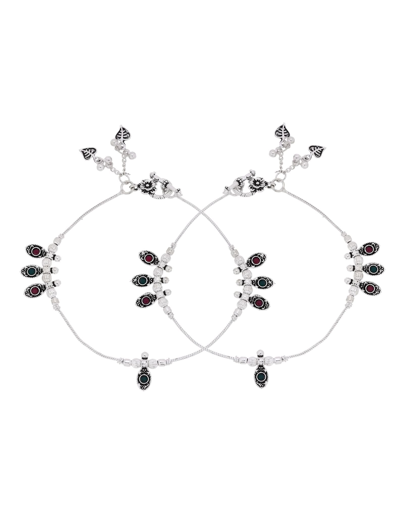 Jewels Nest Silver Plated Oval Stone Adjustable Anklet With Leaf Charms For Women | Grocsy