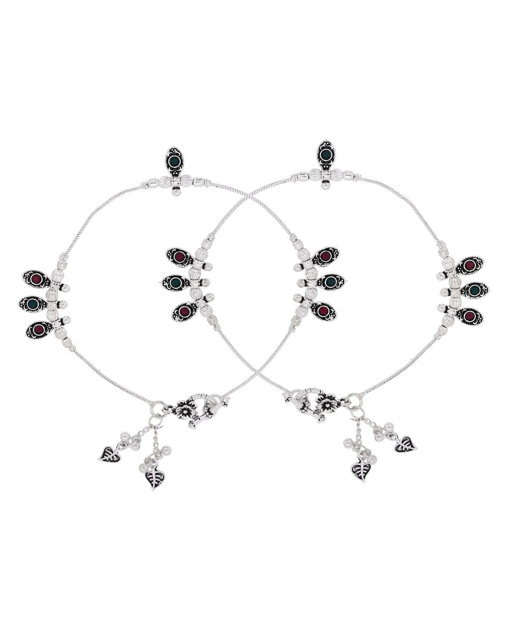 Jewels Nest Silver Plated Oval Stone Adjustable Anklet With Leaf Charms For Women | Grocsy