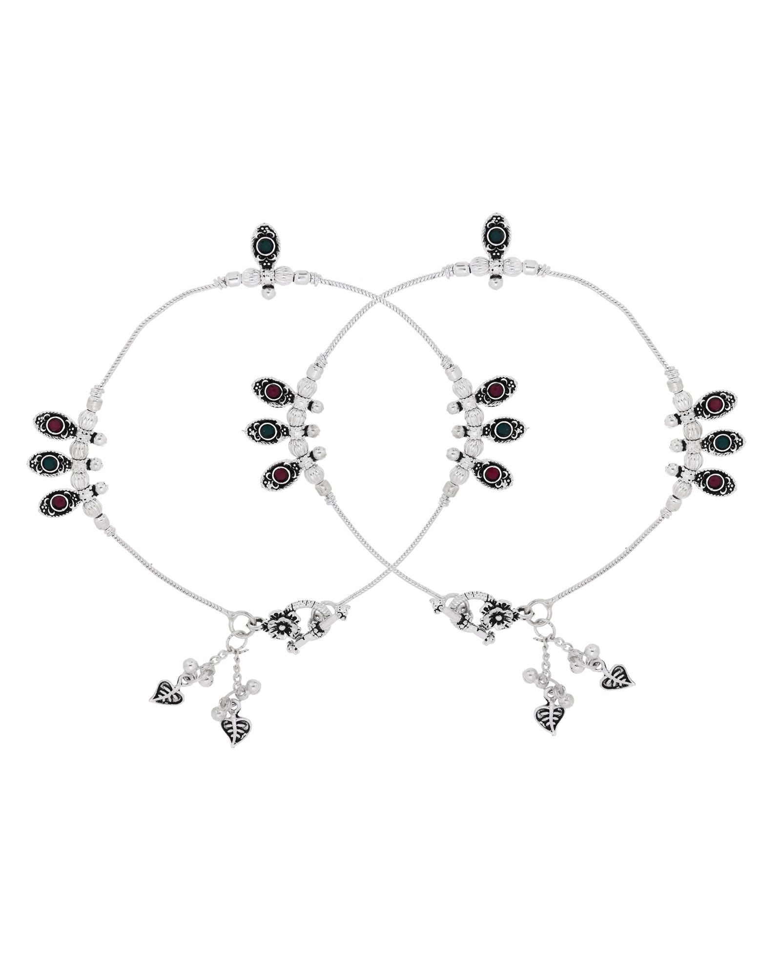 Jewels Nest Silver Plated Oval Stone Adjustable Anklet With Leaf Charms For Women | Grocsy