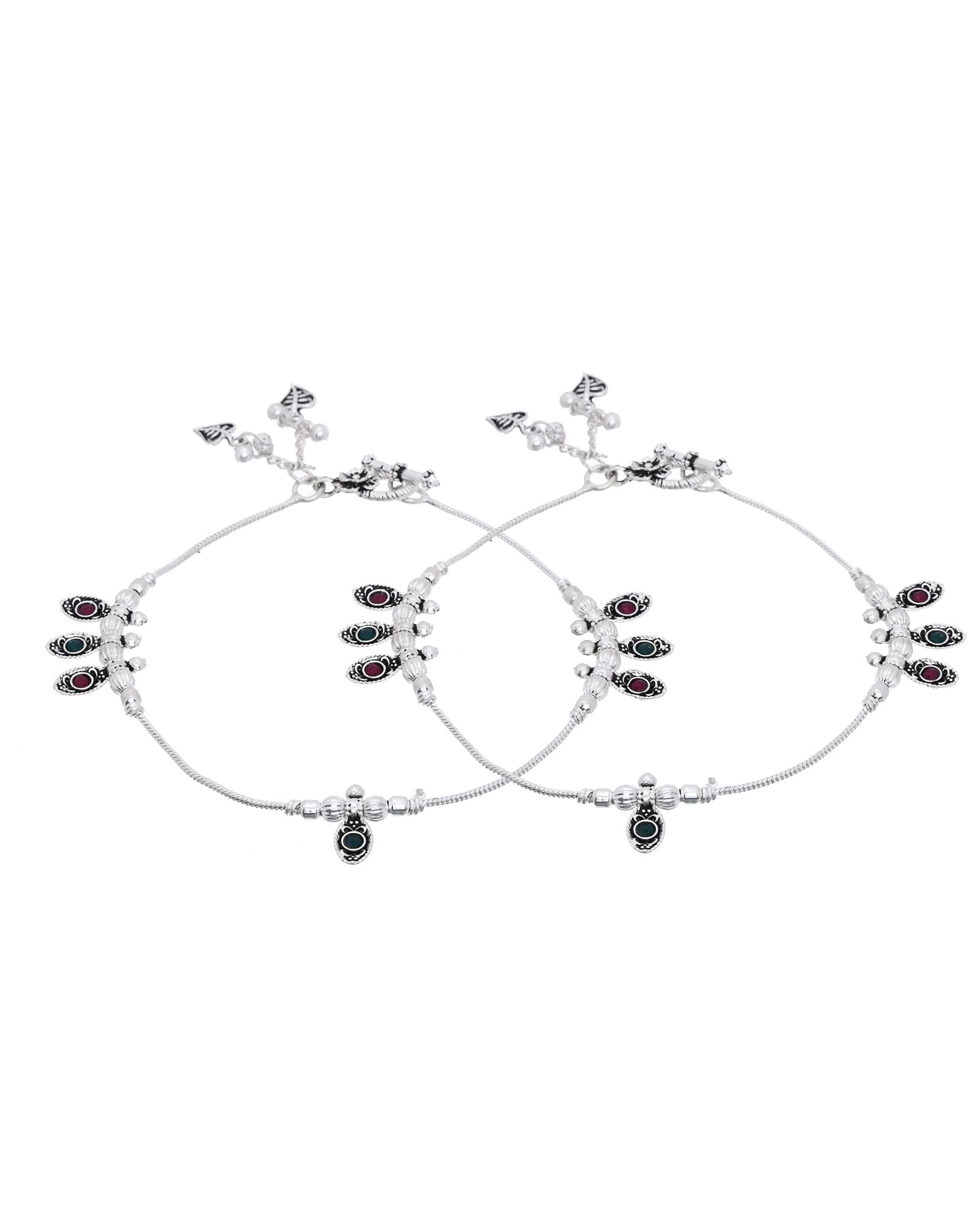 Jewels Nest Silver Plated Oval Stone Adjustable Anklet With Leaf Charms For Women | Grocsy