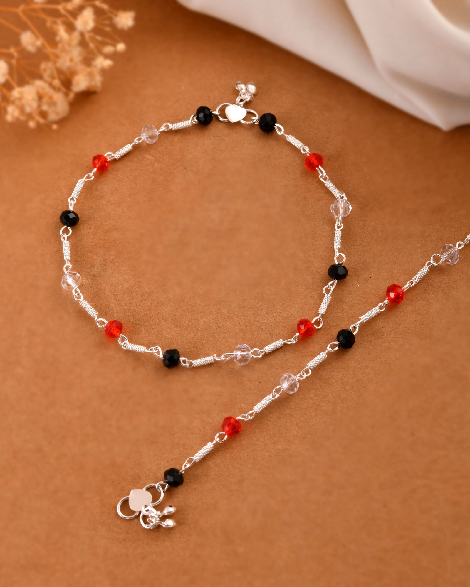 Jewels Nest Bold Tricolor Beaded Silver Anklet With Adjustable Chain Closure | Grocsy
