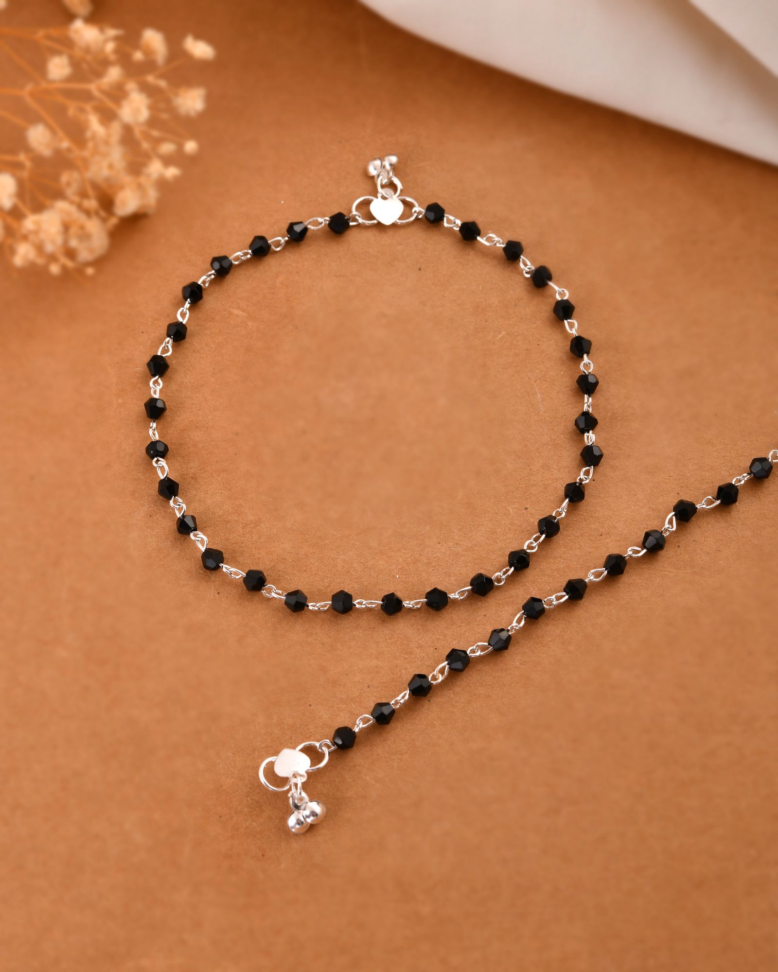 Jewels Nest Classic Black Bead Silver Anklet With Minimal Adjustable Design | Grocsy