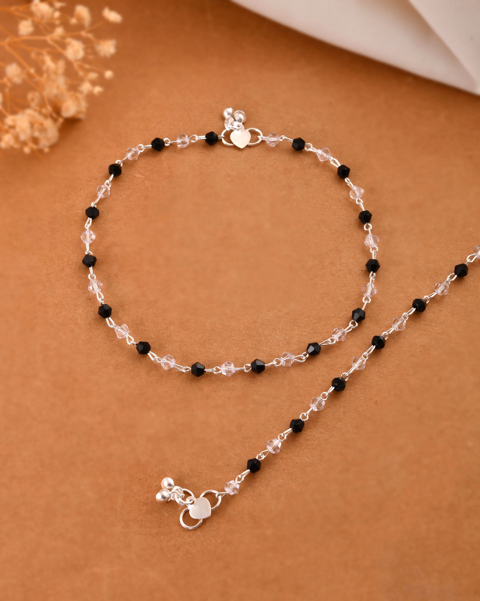 Jewels Nest Midnight Spark Black & Crystal Silver Anklet For Women | Grocsy