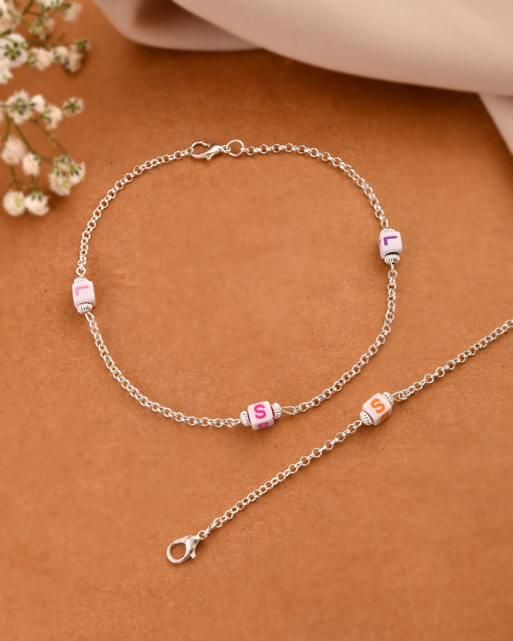 Jewels Nest Playful Alphabet Charm Silver Anklet With Pastel Letter Beads | Grocsy