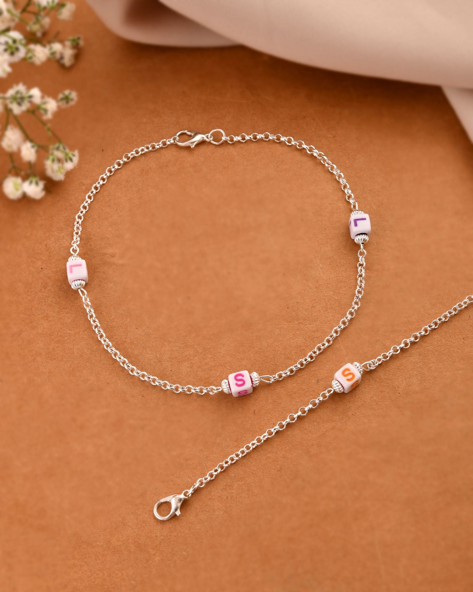 Jewels Nest Playful Alphabet Charm Silver Anklet With Pastel Letter Beads | Grocsy