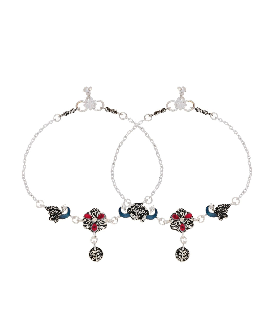 Jewels Nest Vintage Floral Charm Silver Anklet With Enamel Accents And Dangling Motifs | Grocsy
