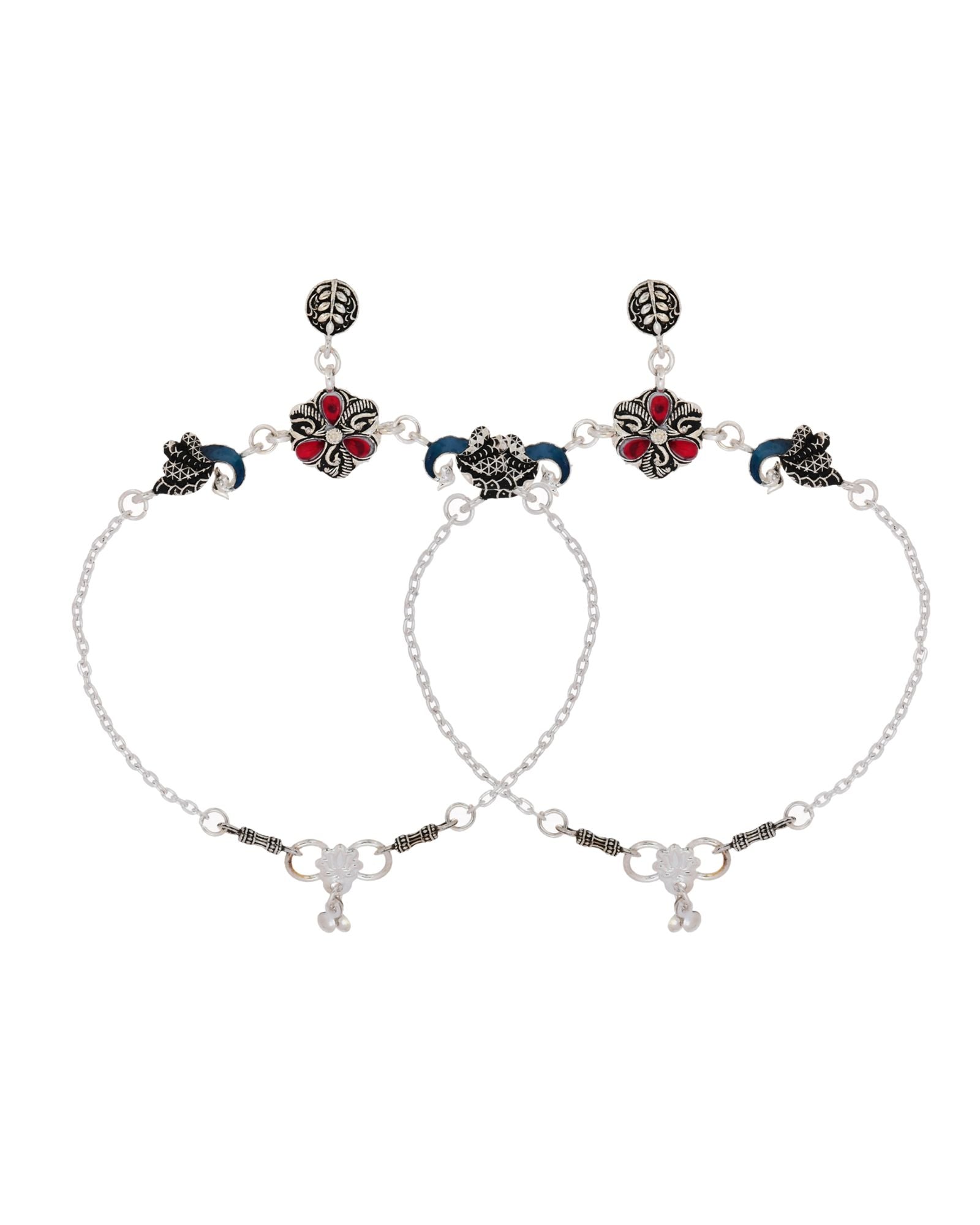 Jewels Nest Vintage Floral Charm Silver Anklet With Enamel Accents And Dangling Motifs | Grocsy