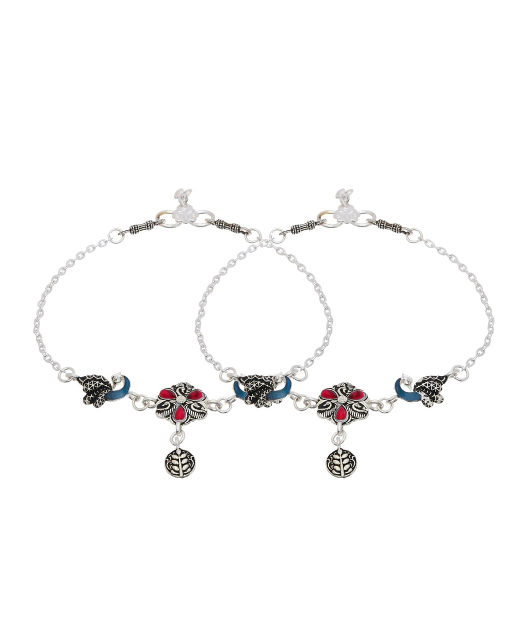 Jewels Nest Vintage Floral Charm Silver Anklet With Enamel Accents And Dangling Motifs | Grocsy