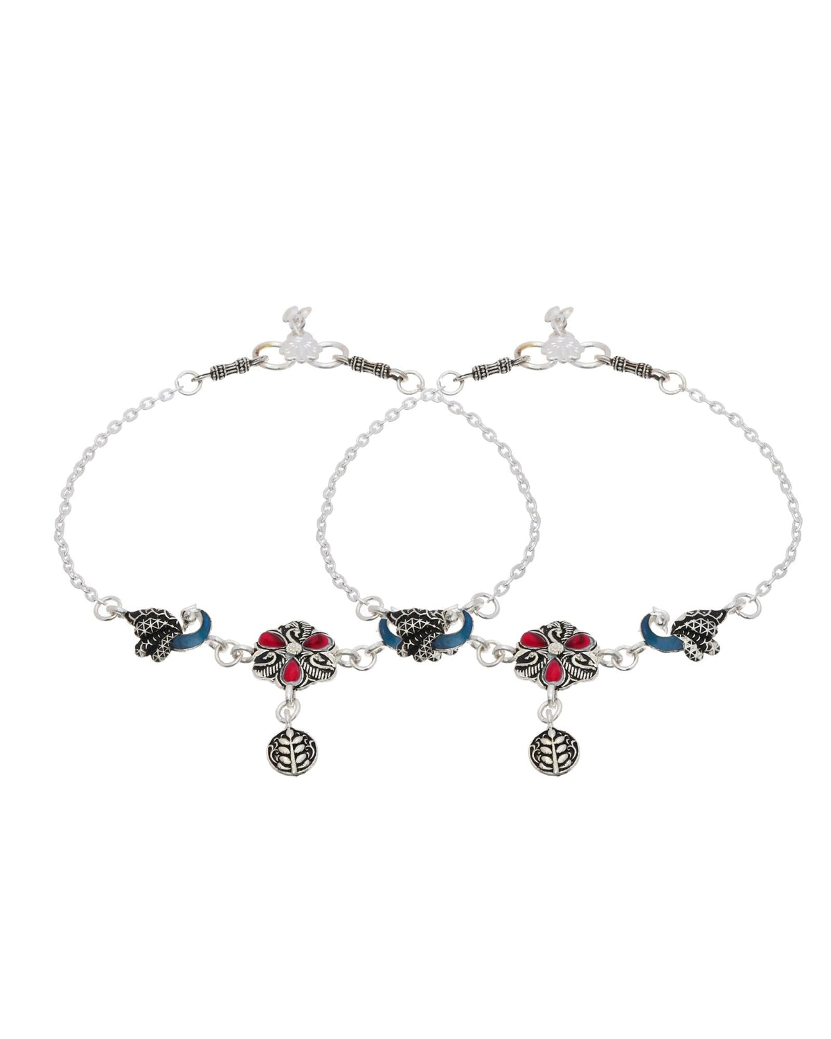 Jewels Nest Vintage Floral Charm Silver Anklet With Enamel Accents And Dangling Motifs | Grocsy