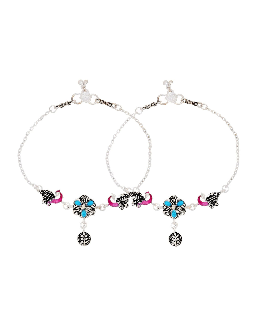Jewels Nest Peacock Blossom Silver Anklet With Turquoise Enamel And Artistic Danglers | Grocsy