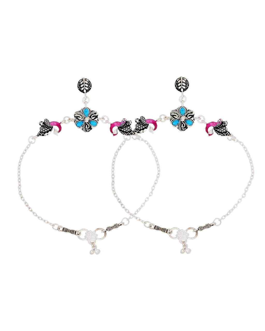 Jewels Nest Peacock Blossom Silver Anklet With Turquoise Enamel And Artistic Danglers | Grocsy
