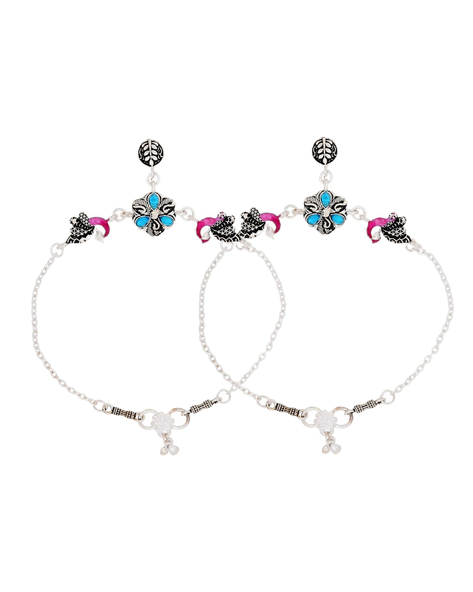 Jewels Nest Peacock Blossom Silver Anklet With Turquoise Enamel And Artistic Danglers | Grocsy