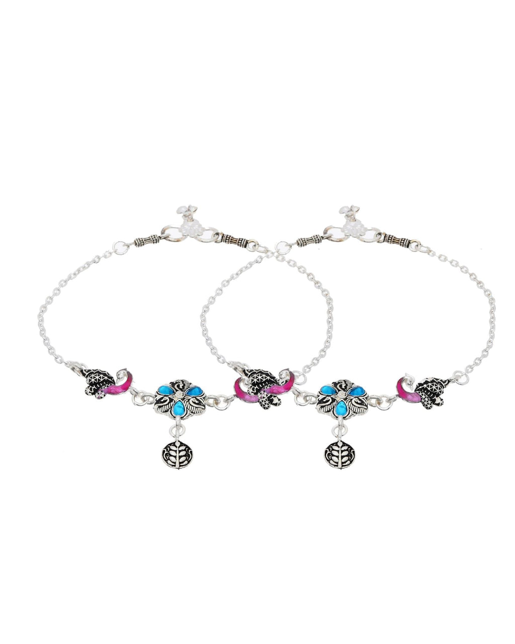 Jewels Nest Peacock Blossom Silver Anklet With Turquoise Enamel And Artistic Danglers | Grocsy