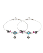 Jewels Nest Peacock Blossom Silver Anklet With Turquoise Enamel And Artistic Danglers | Grocsy