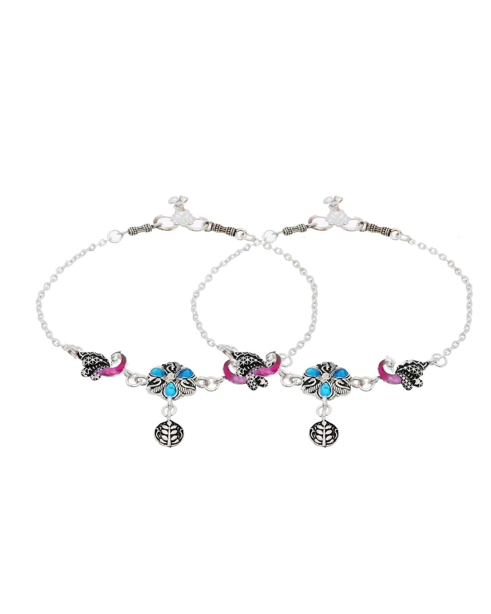 Jewels Nest Peacock Blossom Silver Anklet With Turquoise Enamel And Artistic Danglers | Grocsy