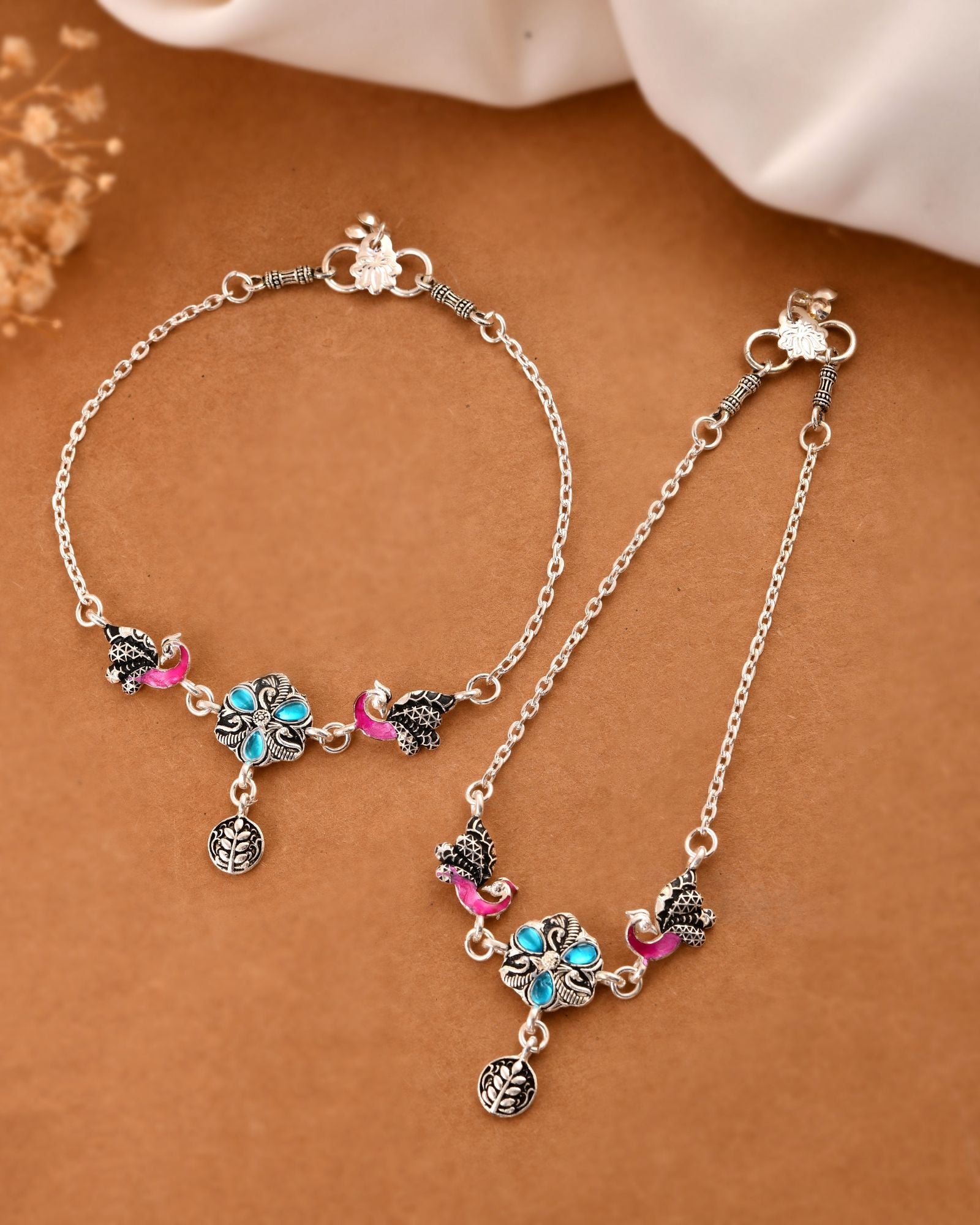 Jewels Nest Peacock Blossom Silver Anklet With Turquoise Enamel And Artistic Danglers | Grocsy