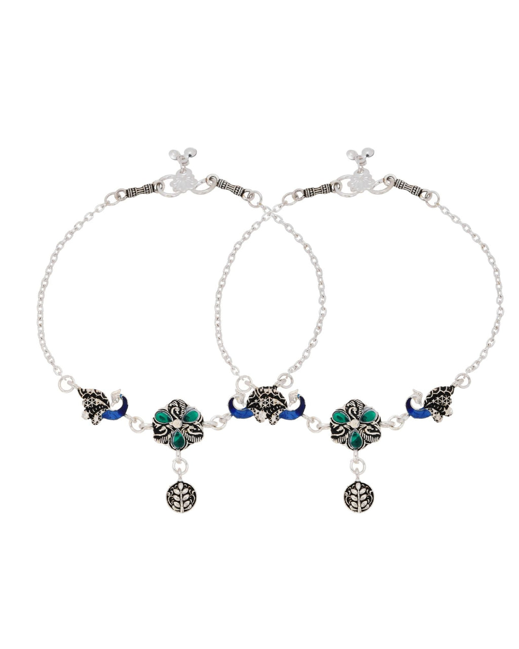 Jewels Nest Royal Peacock Charm Silver Anklet With Emerald Floral Centre And Leaf Drop | Grocsy