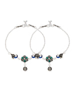Jewels Nest Royal Peacock Charm Silver Anklet With Emerald Floral Centre And Leaf Drop | Grocsy