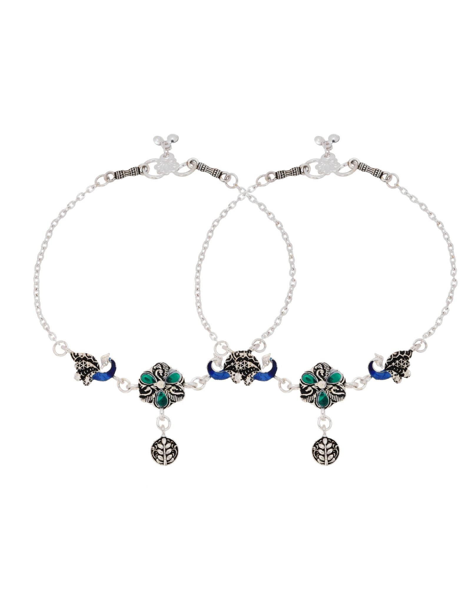 Jewels Nest Royal Peacock Charm Silver Anklet With Emerald Floral Centre And Leaf Drop | Grocsy