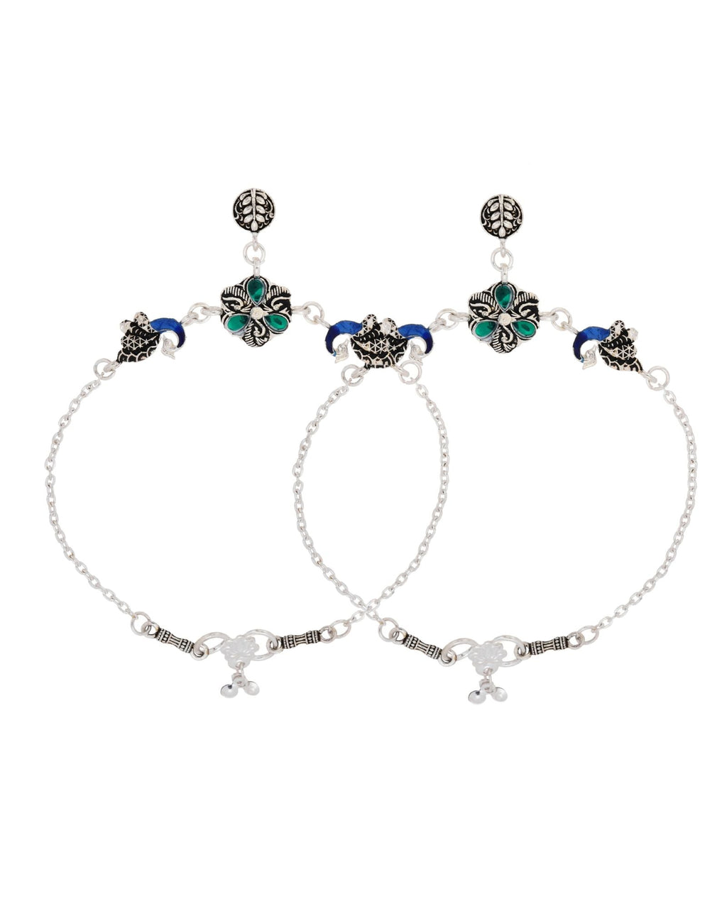 Jewels Nest Royal Peacock Charm Silver Anklet With Emerald Floral Centre And Leaf Drop | Grocsy