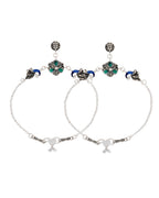 Jewels Nest Royal Peacock Charm Silver Anklet With Emerald Floral Centre And Leaf Drop | Grocsy