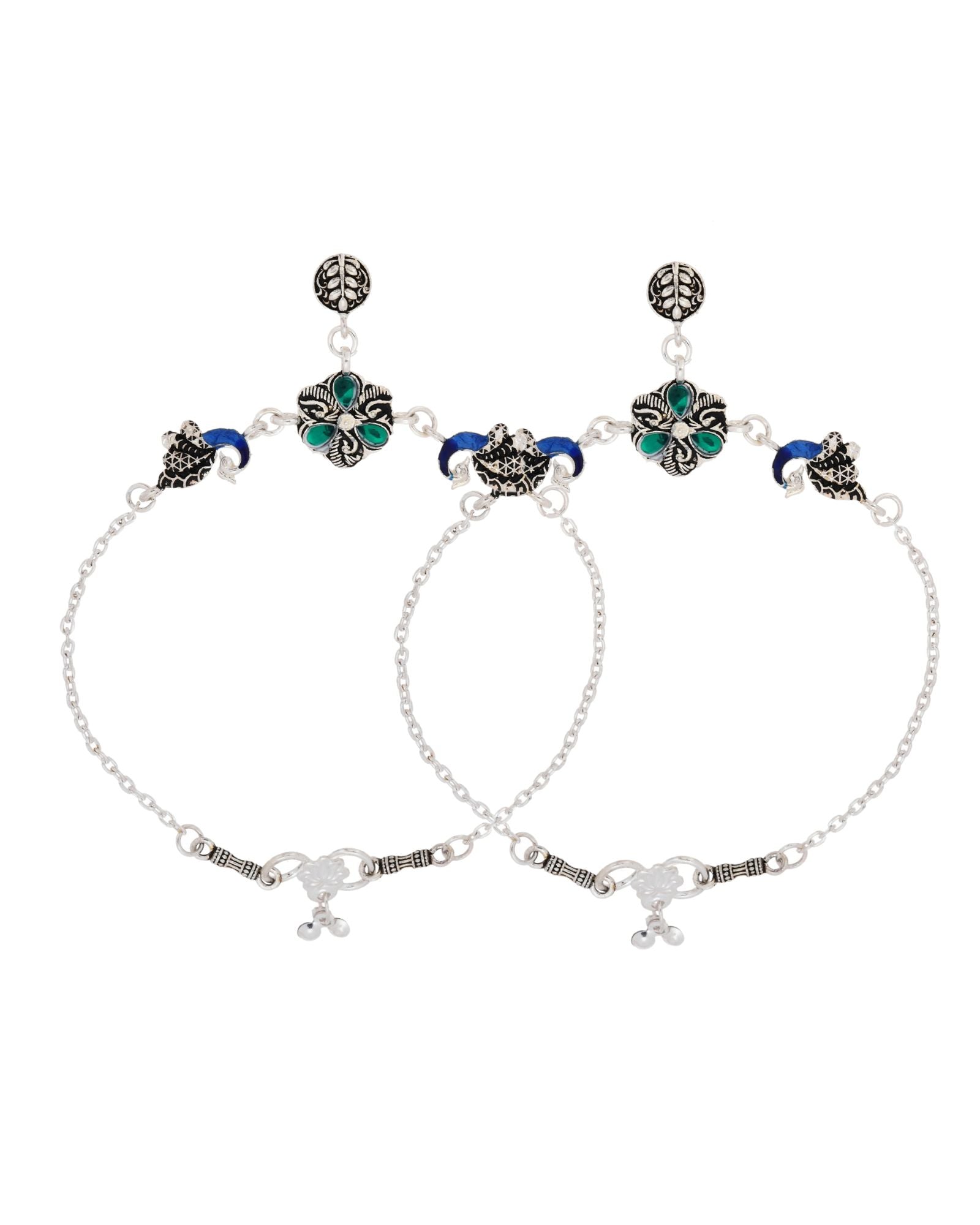 Jewels Nest Royal Peacock Charm Silver Anklet With Emerald Floral Centre And Leaf Drop | Grocsy