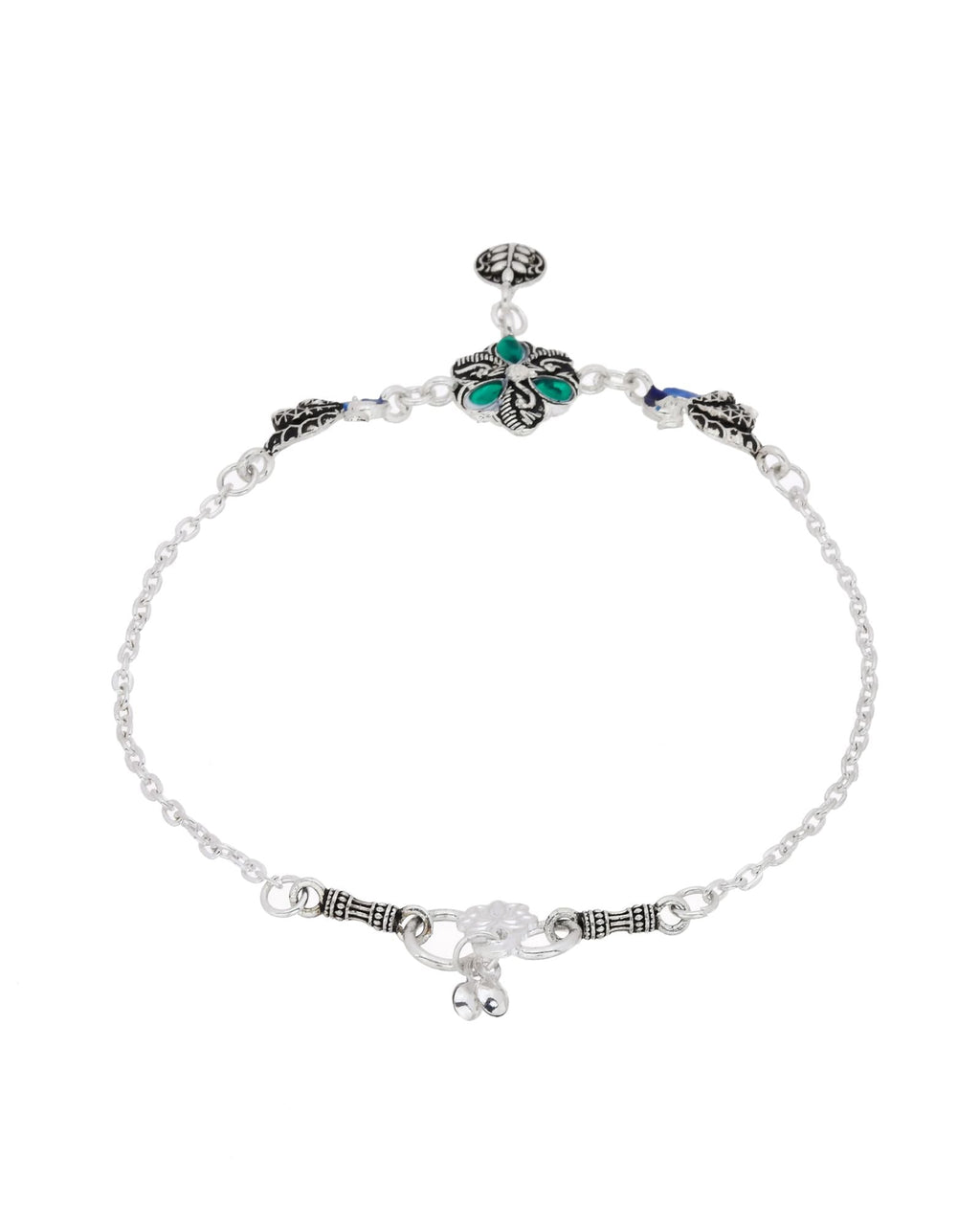 Jewels Nest Royal Peacock Charm Silver Anklet With Emerald Floral Centre And Leaf Drop | Grocsy