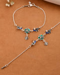 Jewels Nest Royal Peacock Charm Silver Anklet With Emerald Floral Centre And Leaf Drop | Grocsy