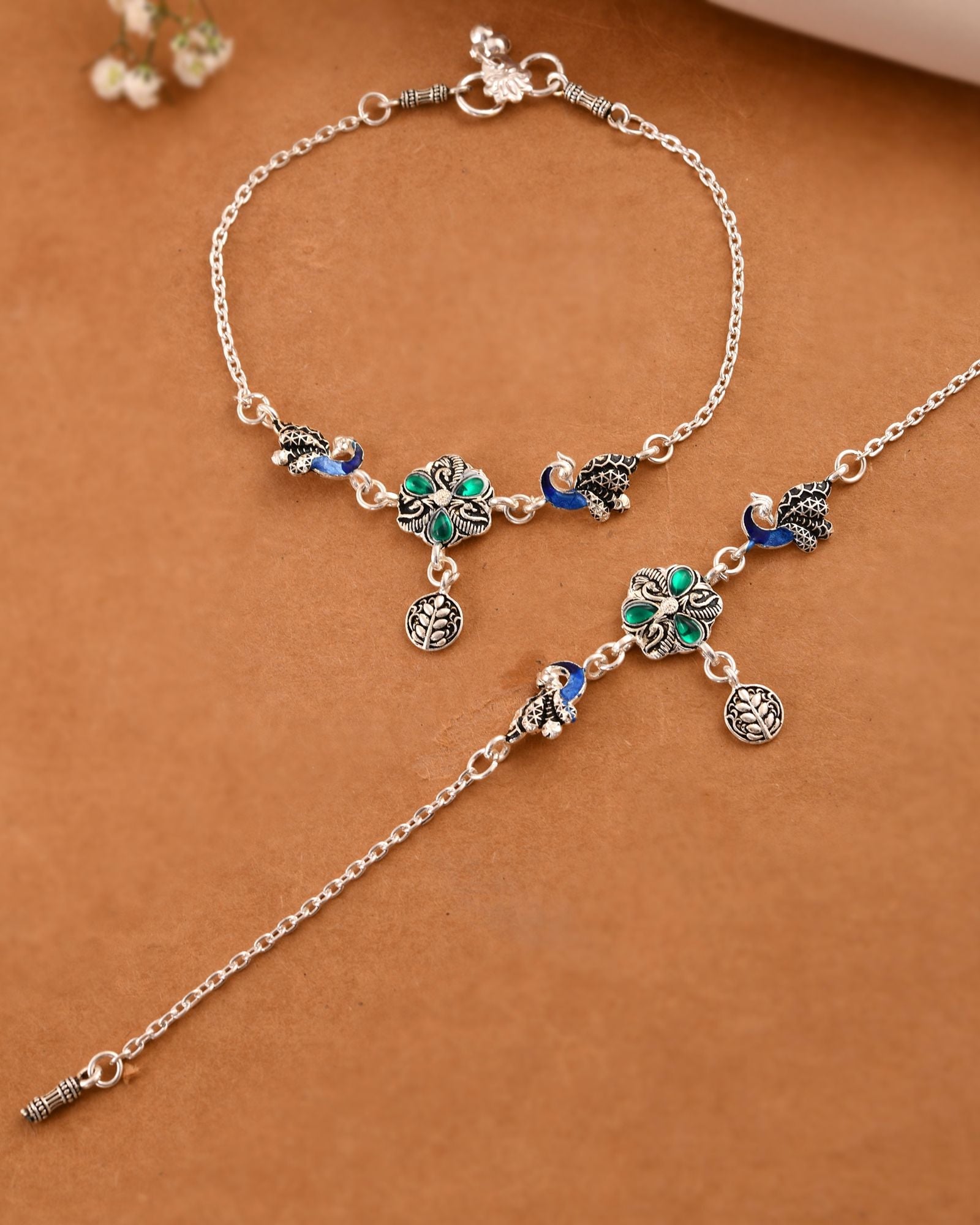 Jewels Nest Royal Peacock Charm Silver Anklet With Emerald Floral Centre And Leaf Drop | Grocsy