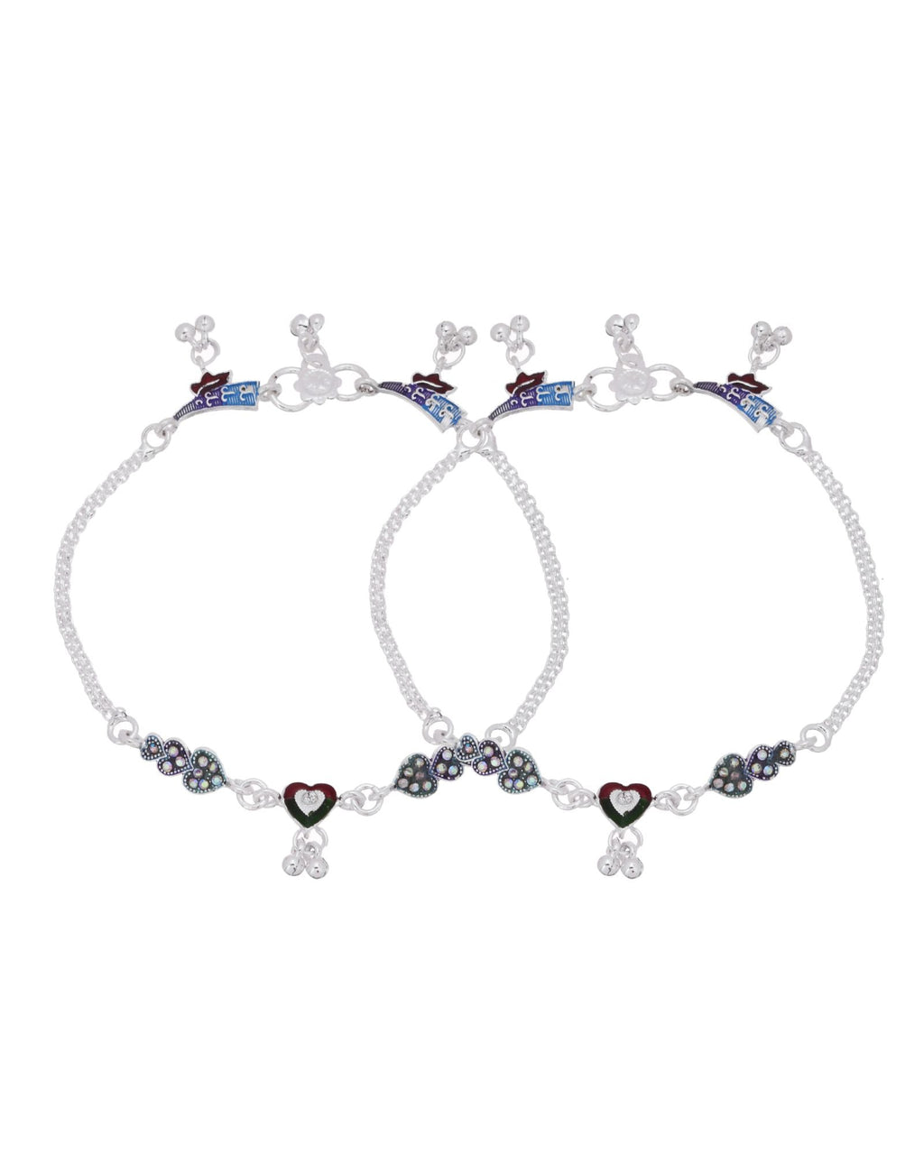 Jewels Nest Eternal Heart Silver Anklet With Multicolour Enamel Motifs And Bell Drop Detail | Grocsy